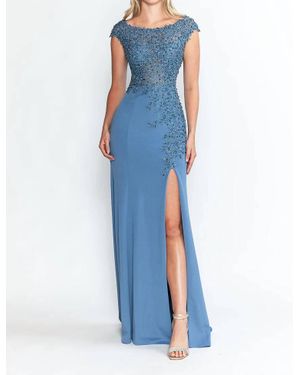 Lenovia Usa Pageant Boat Neck Cap Sleeve Sheath Gown - Blue