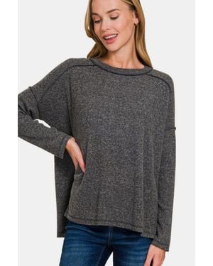 TRUEDAMES Full Size Exposed Seam Brushed Round Neck Sweater - Gray