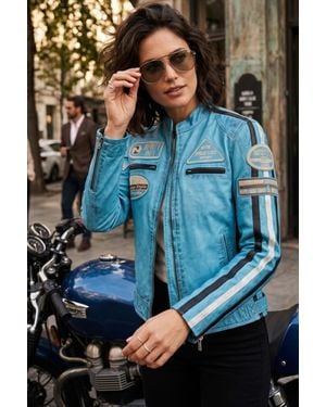 Infinity Leather Biker Racing Badges Leather Jacket-Maple - Blue