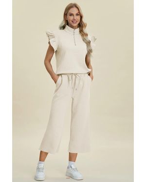 TRUEDAMES Full Size Texture Ruffle Short Sleeve Top And Wide Leg Pants Set - Natural