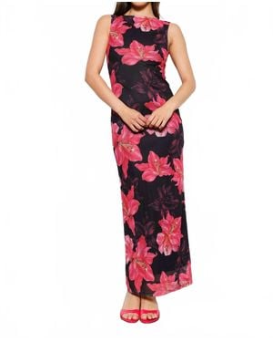 Pretty Garbage Lanai Hibiscus Open Back Mesh Maxi Dress - Red
