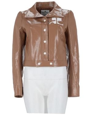 Courreges Cropped Vinyl Jacket With Glossy Finish And Classic Collar - Brown