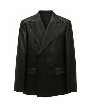 Cigar. Double Breasted Leather Feel Suit 2 Piece Set - Black