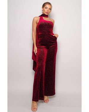TRUEDAMES Scarf Top Glitter Velvet Jumpsuit - Red