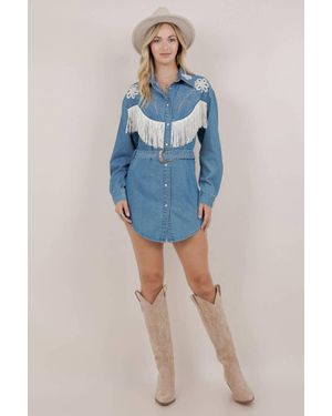 Saints & Hearts Embroidery Detail Fringe Denim Dress - Blue
