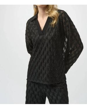 Joseph Ribkoff Beaded V-Neck Collared Long Sleeve Top - Black