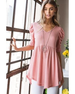 TRUEDAMES Full Size Waffle Knit V-Neck Babydoll Top - Pink