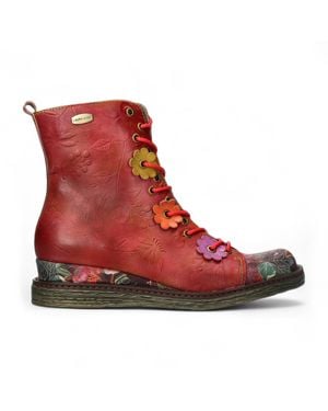 Laura Vita Ercnaulto 212 Floral Gothic Victorian Leather Ankle Heeled Boots - Red