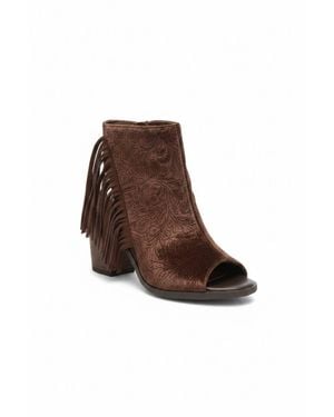 Volatile Embossed Velvet Fringe Western Bootie - Brown