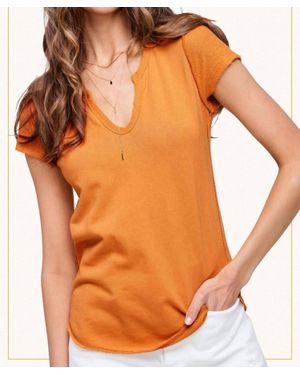 Le Miel Textured Soft Terry Fabric Raw Edge Short Sleeve Top - Orange