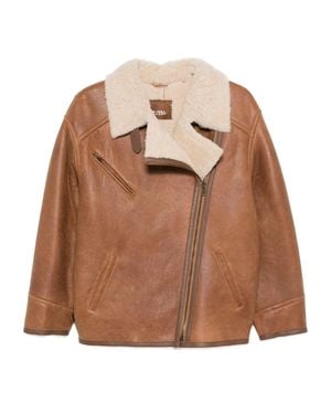 Isabel Marant Boxy Leather Coat With Plush Shearling Collar - Brown