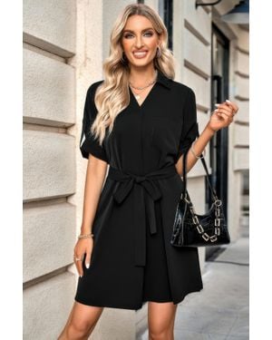 TRUEDAMES Solid V Neck Waist Tie Belt A Line Dress - Black