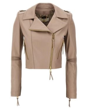 Elisabetta Franchi Cropped Leather Biker Jacket With Asymmetric Closure - Natural