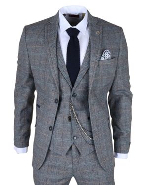Infinity Leather Light Check Tweed 3-Piece Suit Vintage Pattern Tailored Fit Woolen Suit - Blue