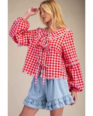 Easel Bow Front Gingham Blouse - Red