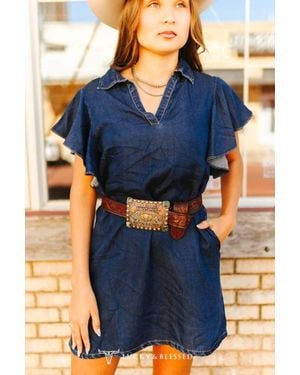 Lucky & Blessed Ruffle Stretch Denim Dress - Blue