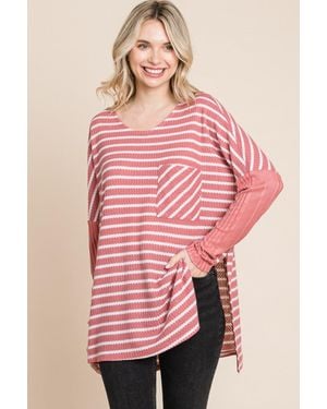 TRUEDAMES Culture Code Oversize Striped Round Neck Long Sleeve Slit T-Shirt - Pink