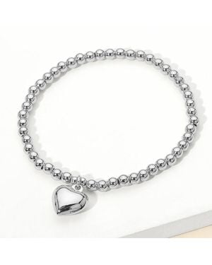 Fashnzfab Stainless Steel Heart Charm Beaded Stretch Bracelet - Metallic