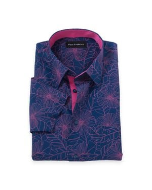 Paul Fredrick Non-Iron Cotton Floral Short Sleeve Dress Shirt With Contrast Trim - Blue