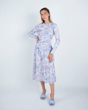 John Abgin Mesh Floral Ruched Midi Dress - Blue