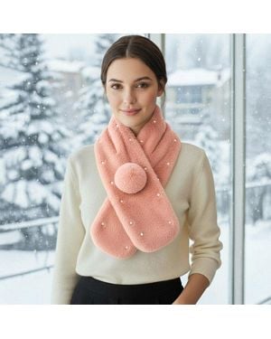 TRUEDAMES Pearl Embellished Faux Fur Pom Pom Pull Through Scarf - Blue