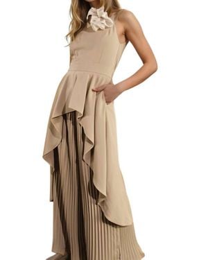 Mulla Michelle Hi-Low Hem High-Neck Top & Pleated Pant Set - Natural