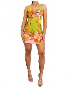 SurelyMine Sunset Bloom Tropical Floral Cutout Halter Mini Dress - Orange