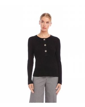 Karen Kane Landry Long Sleeve Ribbed Flower Button Detail Top - Black