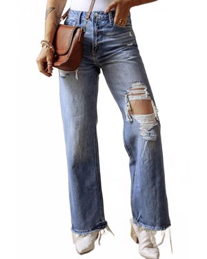 Threaded Pear Distressed High Waist Straight Jeans - Blue