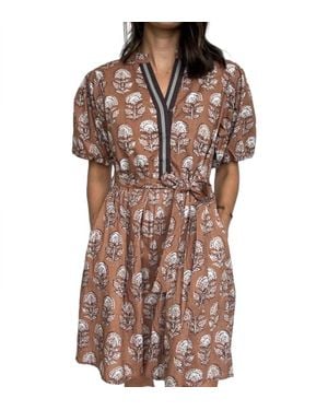 Thml Puff Sleeve Floral Detailed V Neck Dress - Brown