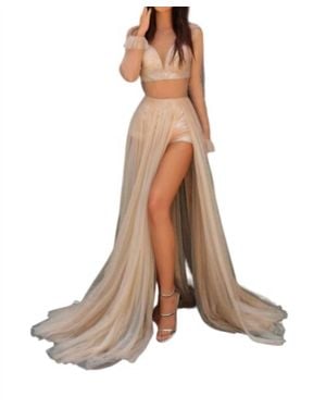 Tarik Ediz Macerta Sheer Bodice High Slit Dress - Brown