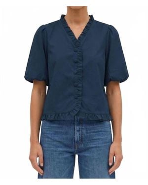 Naked Zebra Ruffle Detail Bubble Sleeve Top - Blue