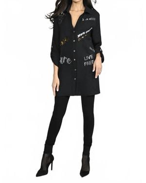 FRANK LYMAN Britta Tunic Length Top With Sequin Wording - Black