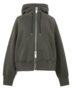 Sacai Cropped Boxy Hooded Sweatshirt With Front Zipper And Ribbed Detail - Gray