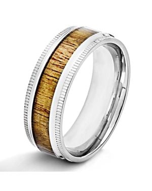 Crucible Jewelry Crucible Los Angeles Stainless Steeel High Polished Wood Inlay Ridged Edge Ring - Metallic