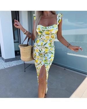 TRUEDAMES Summer Elegant Design French Floral Spaghetti Strap Slit Midi Dress - Blue