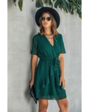 TRUEDAMES V Neck Ruffled Hem Wrap Dress - Green