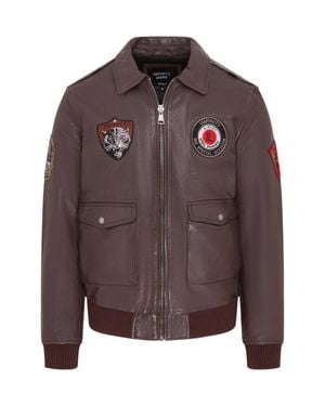 Infinity Leather Leather Bomber G-1 Aviator Collar Jacket - Brown