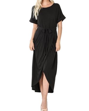 Zenana Belted Short Sleeve Tulip Dress - Black