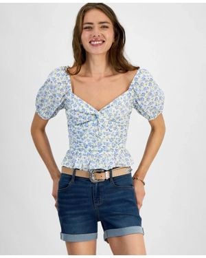 Kingston Grey Top Ivory Floral Puff Sleeve Sweetheart Neck Pal175 - Blue