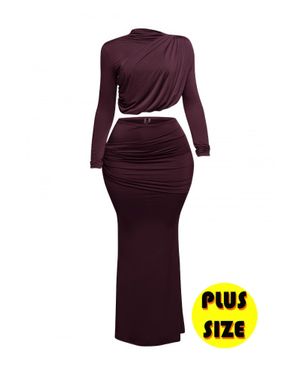 TRUEDAMES Plus Size Shirring Detailed Top & Long Skirt Set - Purple
