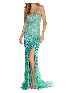 Primavera Sequined Embellished Dress With Feathers Prom Dress - Blue
