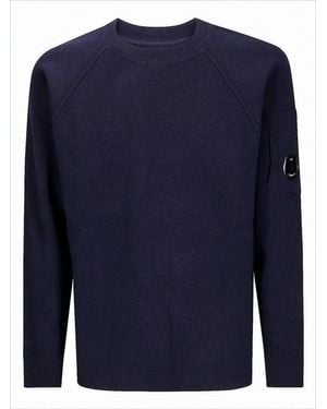 C.P. Company Minimalist Crewneck Sweater With Raglan Sleeves And Logo Patch - Blue