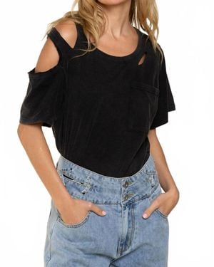 Pol Distressed Short Sleeve Cotton Top - Black