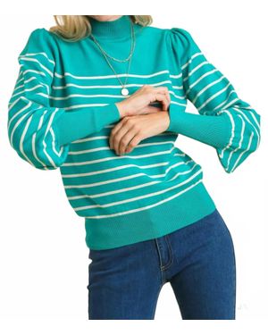 Umgee High Neck Stripe Sweater - Blue