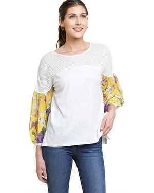 Umgee Floral Puff Sleeve Knit Top - White