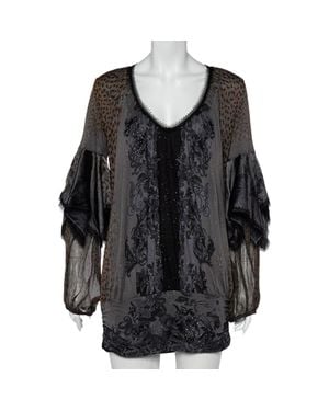 Roberto Cavalli Printed Jersey Overlay Sleeve Detailed Top - Black