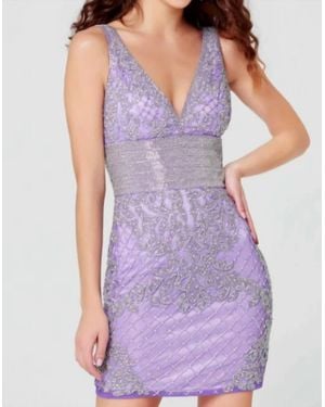Primavera Beaded V-Neck Cocktail Dress - Purple