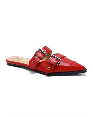 Let'S See Style Double Buckle Strap Pointed Toe Flat Mules - Red