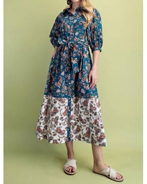 Gigio Paisley Print Color Block Shirt Dress - Blue